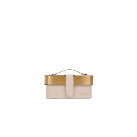 Veganluxe Lifestyle Private Limited Tifin handbag with sleek design, brown leather-like material, and stylish gold hardware.