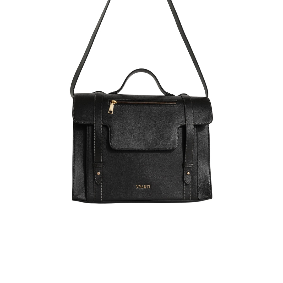 Veganluxe Lifestyle Private Limited Munim laptop bag in black with sleek design and top handle, suitable for professionals.