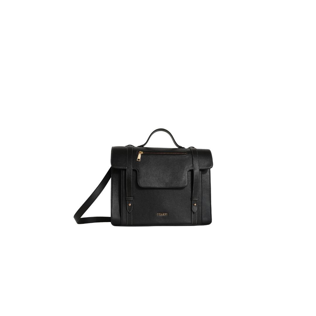 Veganluxe Lifestyle Private Limited Munim laptop bag in black with sleek design and sturdy handles, ideal for professional use.