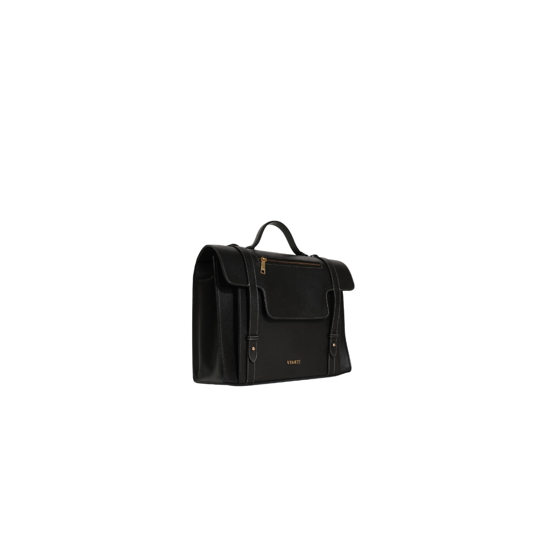 Veganluxe Lifestyle Private Limited Munim laptop bag in black with adjustable shoulder strap and multiple compartments for organization.