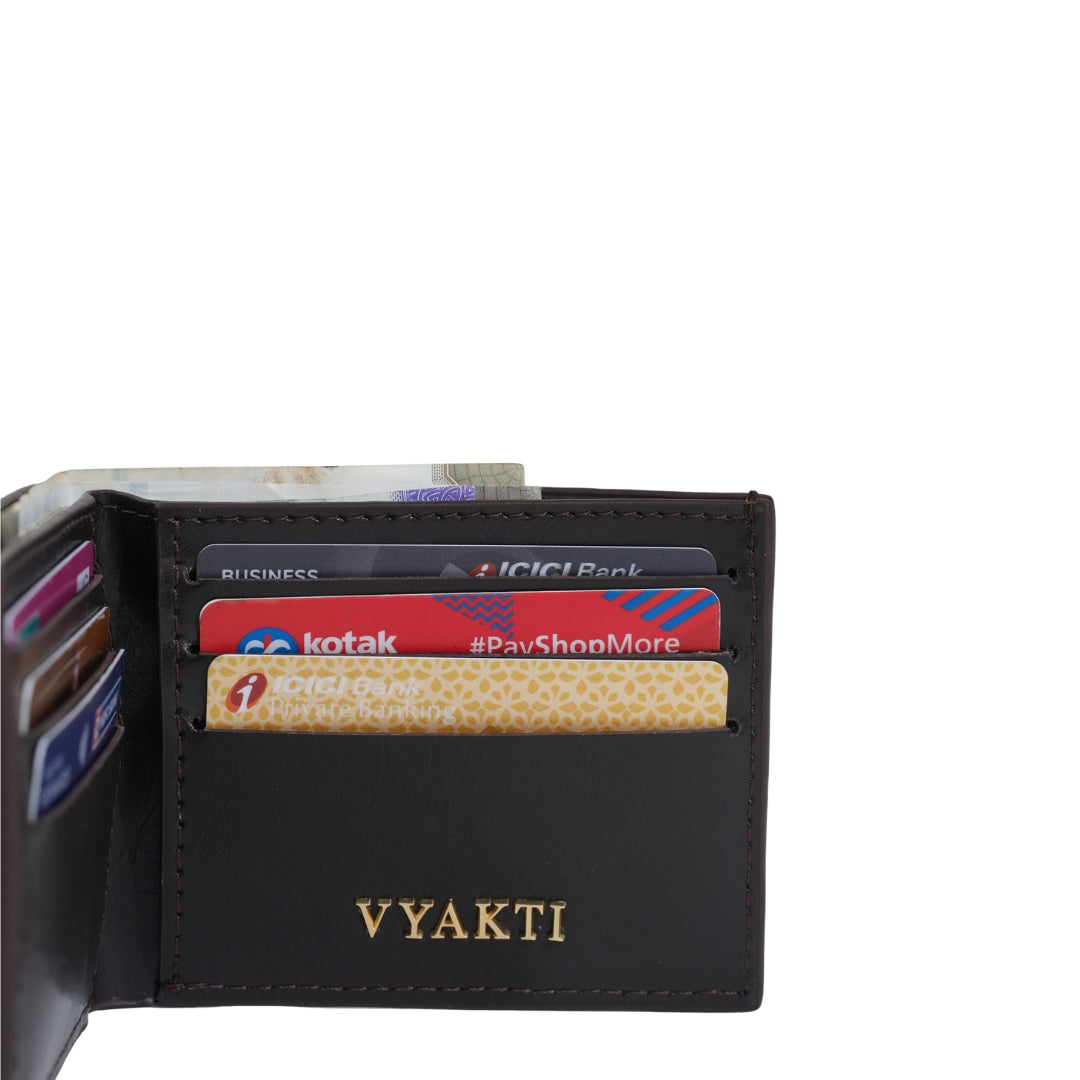 Veganluxe Men's Tijori Bi-Fold Wallet with multiple card slots and cash compartments, crafted from vegan leather.