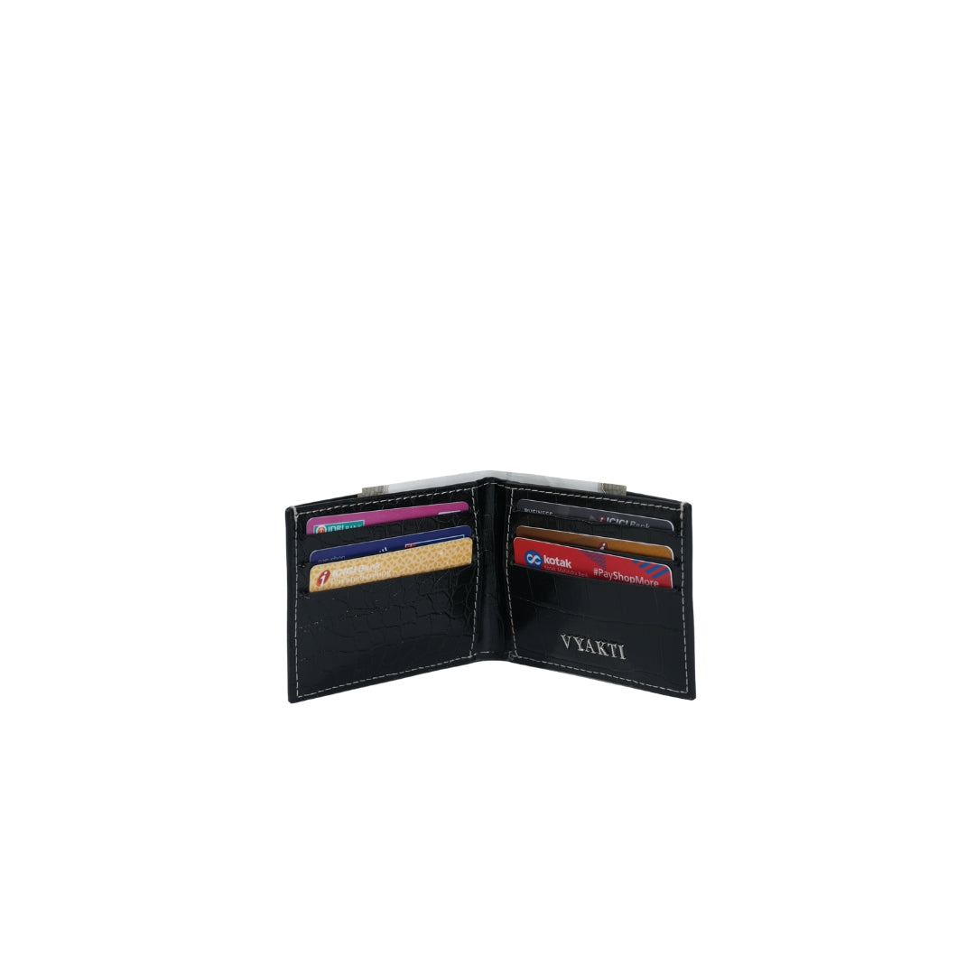 Veganluxe Tijori Bi-Fold Wallet for men, black leather wallet with multiple card slots and cash compartments.