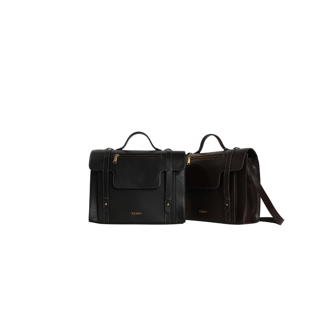 Veganluxe Lifestyle Private Limited Munim laptop bag in black, featuring a sleek design with adjustable shoulder strap and multiple compartments.